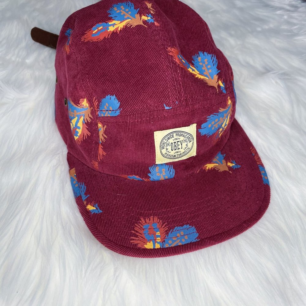 OBEY Maroon Corduroy Feather Flat Brim Trucker Hat